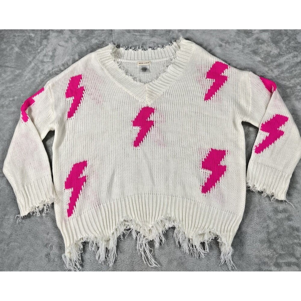 Main Strip Pink Lightning Bolt Distressed Sweater Cream V-Neck Frayed Size S/CH